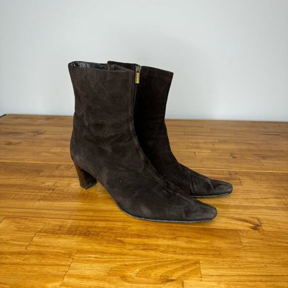 Aquatalia Dark Brown Suede Leather Side Zip Heeled Boots Size 8.5 - Picture 1 of 7